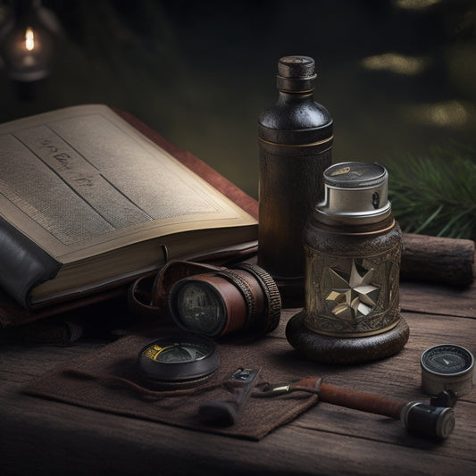 A rugged, worn leather-bound book lies open on a weathered wooden table, surrounded by a compass, flashlight, first-aid kit, and a water bottle, set against a dark, ominous forest background.