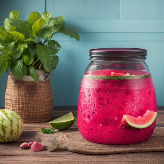A colorful, overhead shot of a watermelon-inspired storage jar sitting on a rustic wooden table, surrounded by sliced watermelon, greenery, and a few scattered summer-themed decorative items.