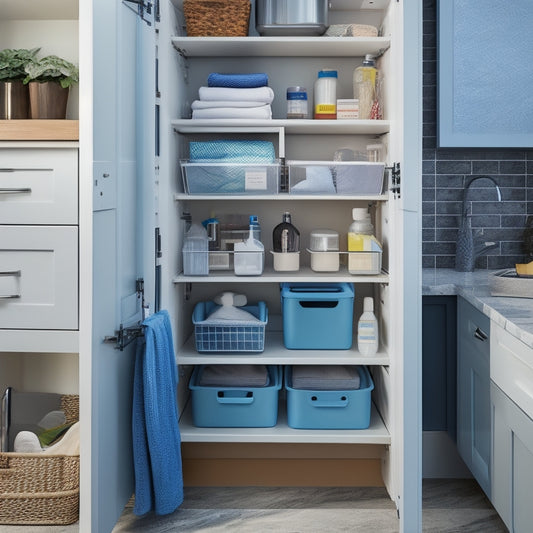 A neatly organized under-sink cabinet featuring stackable bins, pull-out drawers, and hanging organizers, all filled with cleaning supplies and kitchen tools, illuminated by soft, warm light, showcasing efficient space-saving solutions.