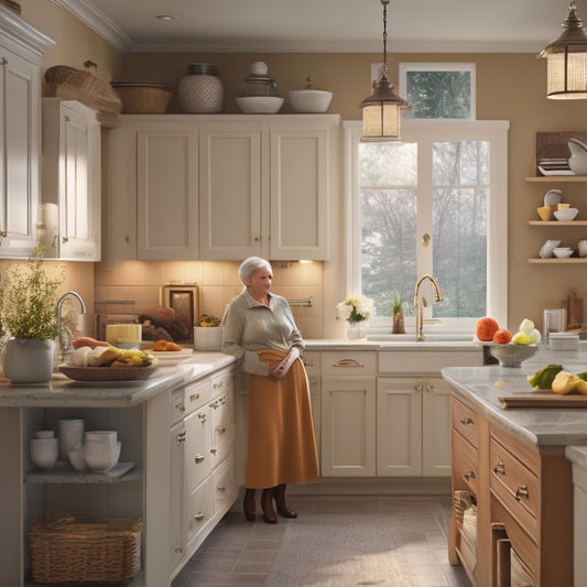 A warm, well-lit kitchen with a senior adult standing in front of open, handle-free cabinets featuring pull-down shelves, soft-close drawers, and ergonomic knobs in a soothing, creamy color scheme.