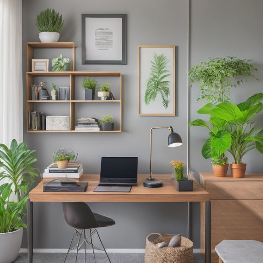 A clutter-free home office with a sleek, modern desk, a wall-mounted shelf holding a few, neatly labeled file organizers, and a small, potted plant on the corner of the desk.