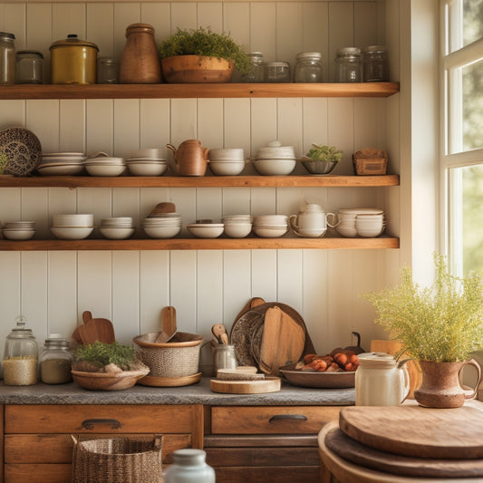 A cozy farmhouse kitchen featuring rustic wood shelves, adorned with adjustable shelf inserts holding neatly organized ceramic dishes, mason jars filled with herbs, and vintage cookbooks, all bathed in warm, natural light.