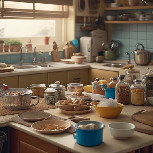 A cluttered kitchen with dirty dishes piled high in the sink, utensils scattered across countertops, and a messy island with open cookbooks and appliances, set against a warm beige background.