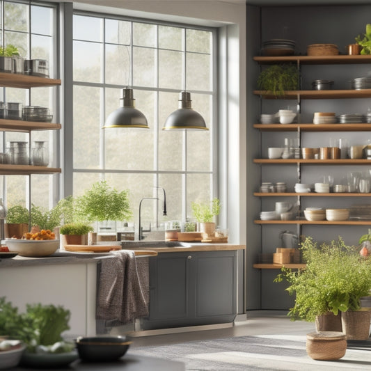 A sleek, modern kitchen featuring metal foldable shelves with adjustable tiers, showcasing various cooking utensils, colorful spices, and fresh herbs, illuminated by soft, natural light streaming through a nearby window.