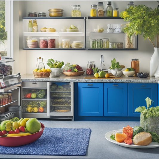 A modern kitchen with a home freeze dryer in the center, surrounded by fresh fruits, vegetables, and meats, with freeze-dried samples on the counter and a few jars filled with preserved foods.