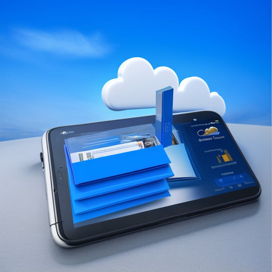 An illustration of a smartphone with a OneDrive cloud icon hovering above it, connected by a bold blue line, surrounded by scattered files and folders being organized into neat stacks.