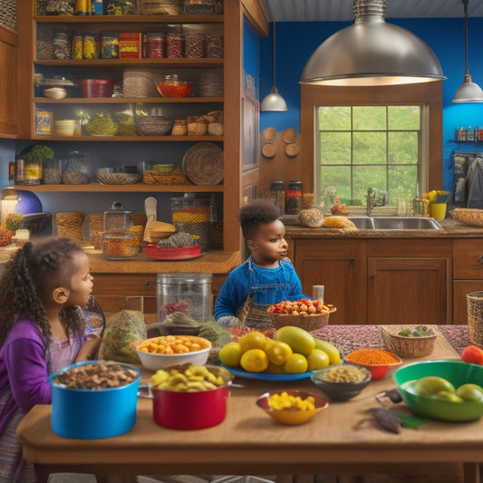 An organized kitchen featuring a vibrant Lazy Susan cabinet, filled with colorful spices, cooking oils, and snacks, surrounded by a cozy family setting with playful kids and a bustling cooking scene.