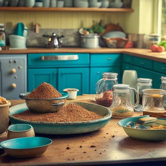 A cluttered kitchen countertop with piles of dirty dishes, overflowing utensil jars, and a toaster surrounded by crumbs, with a blurred background of a chaotic kitchen.