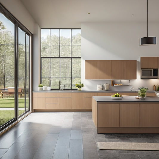 A modern, open-plan kitchen with large windows, sleek countertops, and a central island, blending seamlessly into a spacious living area with a minimalist aesthetic.