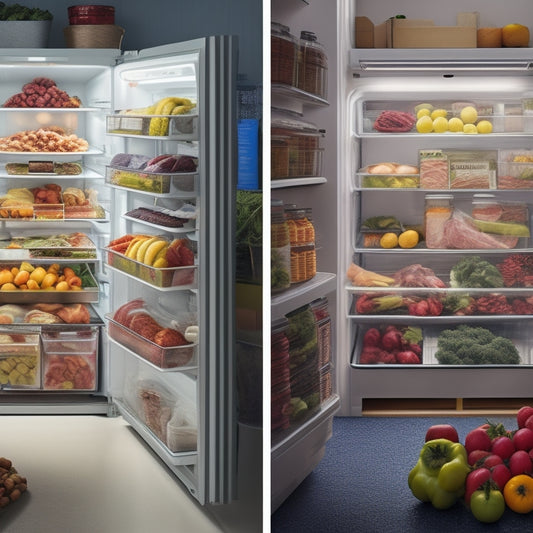 A split-screen image featuring a clean, organized refrigerator interior with fresh produce and meats stored in separate, labeled containers, alongside a cluttered fridge with expired, spoiled food.