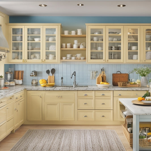 A bright, modern kitchen with a corner cabinet showcasing a pull-out carousel, lazy Susan, and adjustable shelves filled with cooking utensils, dinnerware, and food items, amidst a warm, neutral-colored background.