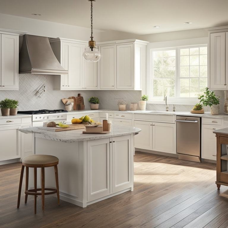 A serene kitchen with creamy white cabinets, warm wood accents, and a large island featuring a built-in cooktop, surrounded by ample negative space and soft, natural light.