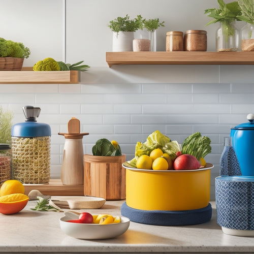 A vibrant kitchen scene featuring stylish countertop organizers: bamboo utensil holders, ceramic canisters, a tiered spice rack, and a sleek fruit bowl, surrounded by fresh herbs and colorful vegetables, all in soft, natural lighting.