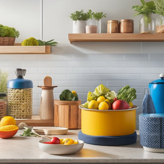 A vibrant kitchen scene featuring stylish countertop organizers: bamboo utensil holders, ceramic canisters, a tiered spice rack, and a sleek fruit bowl, surrounded by fresh herbs and colorful vegetables, all in soft, natural lighting.