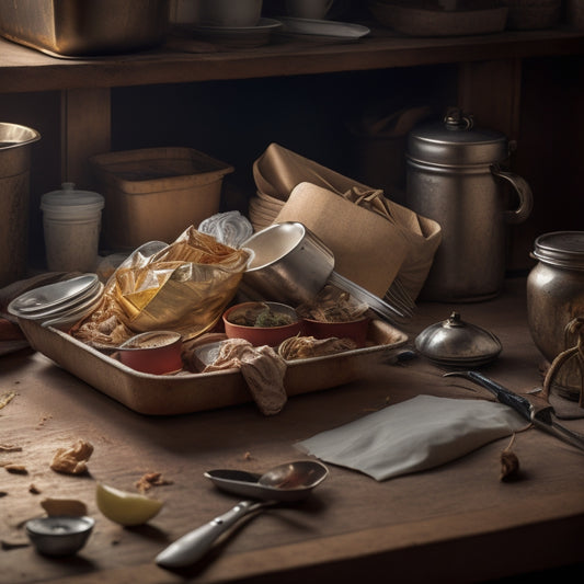 A chaotic kitchen drawer overflowing with tangled utensils, crumpled recipe papers, and dusty containers, with a single, worn-out spatula lying on top, surrounded by faint shadows and warm, golden lighting.
