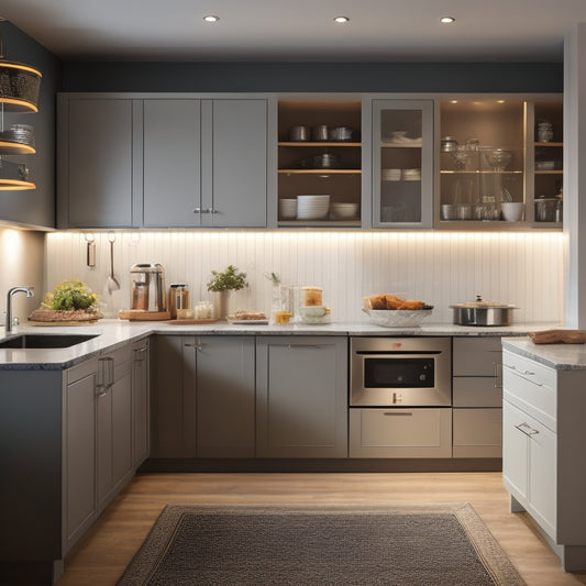 A modern kitchen featuring sleek pull-out cabinets filled with organized utensils, spices, and small appliances, a clean countertop with minimal clutter, warm lighting highlighting the functionality and elegance of the space.