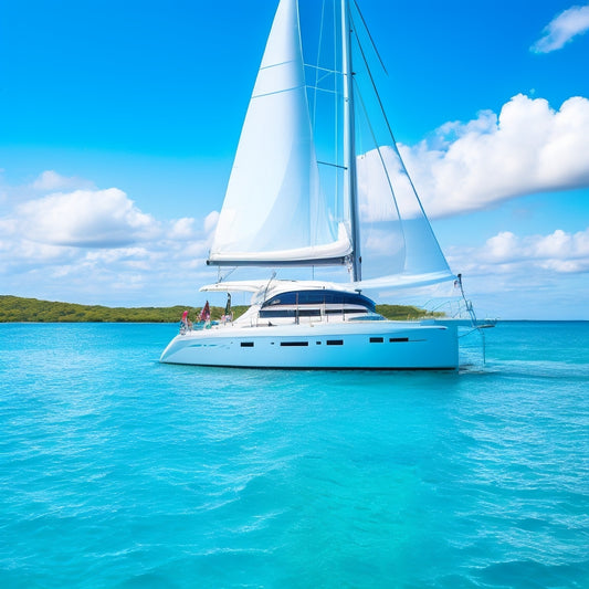 A majestic Leopard 53 Powercat sailboat glides through turquoise Caribbean waters, its sleek hull and billowing white sails reflecting the vibrant blue sky, surrounded by lush green islands and a few sailboats in the distance.