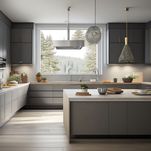 A modern kitchen with sleek, handleless cabinets in a soft gray tone, contrasting with warm wood accents and a large, central island featuring a built-in cooktop and ample storage.