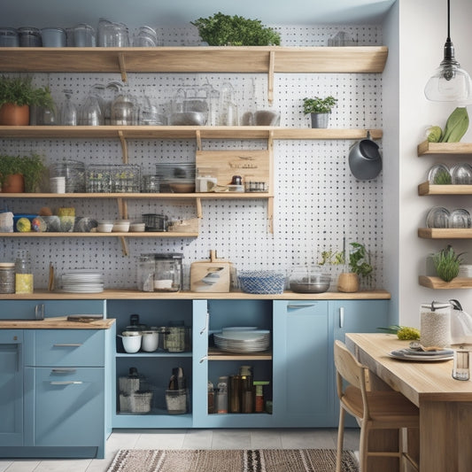 A tidy, modern kitchen with a small footprint, featuring a wall-mounted pegboard with hanging utensils, a slide-out trash can, and a compact, multi-tiered shelving unit with stacked cookbooks and baskets.