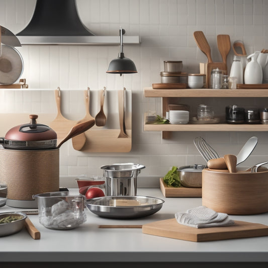 A tidy, well-lit kitchen counter with a wooden utensil organizer filled with neatly arranged, ergonomic-handled kitchen tools, alongside a few strategically placed adhesive-backed hooks and a small, labeled turntable.