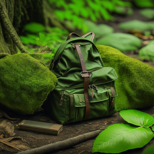 A worn, olive-green backpack opened on a forest floor, revealing a crumpled map, a first-aid kit, and a paperback with a ripped cover, surrounded by scattered leaves and twigs.