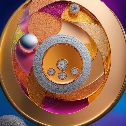 A vibrant, abstract composition featuring intertwined circles in 24K gold, rose gold, and platinum hues, surrounded by scattered diamonds, gemstones, and elegant, curved lines, evoking luxury and sophistication.