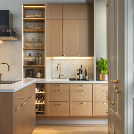 A modern, sleek kitchen with a floor-to-ceiling cabinet featuring adjustable shelves, soft-close drawers, and a built-in wine rack, set against a light gray background with warm, golden lighting.