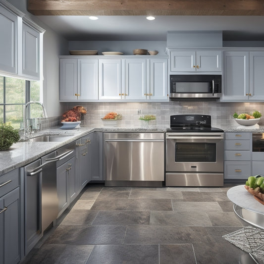 A modern kitchen with sleek countertops, stainless steel appliances, and a large island in the center, featuring a laptop and a printer with a rolled-out kitchen design template.