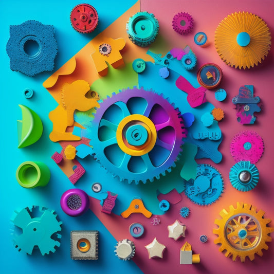 A colorful, abstract composition featuring various list icons (e.g., checkboxes, bullets, numbers) in different shapes, sizes, and colors, intertwined with gears, puzzle pieces, and customizable elements.