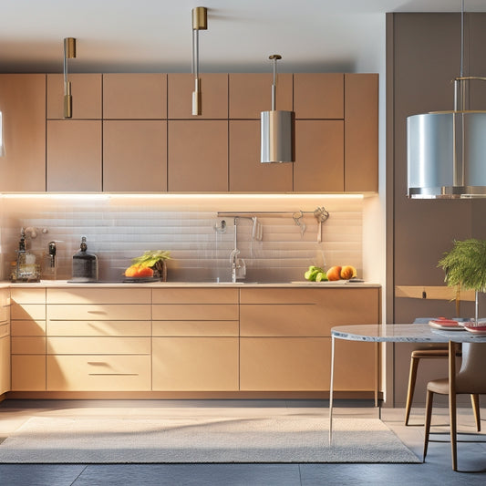 A modern kitchen with sleek, high-gloss cabinets, a large island with built-in drawers, and a pegboard with hanging utensils, surrounded by a warm, soft light and subtle shadows.