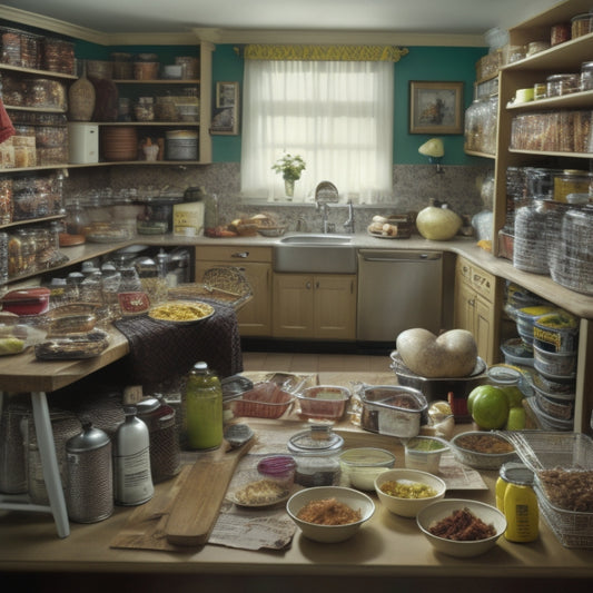 A chaotic kitchen scene: overflowing pantry shelves, expired cans scattered on countertops, utensils tangled in a drawer, and a frazzled cook standing amidst the mess, surrounded by scattered recipe cards.