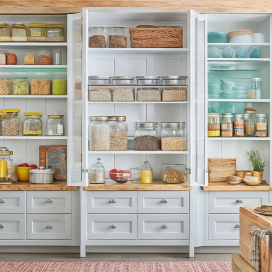 A bright, airy kitchen with neatly organized cabinets, featuring clear glass jars, labeled bins, and tiered spice racks. Show an open cabinet with colorful dishware and pots arranged by size, emphasizing efficiency and accessibility.