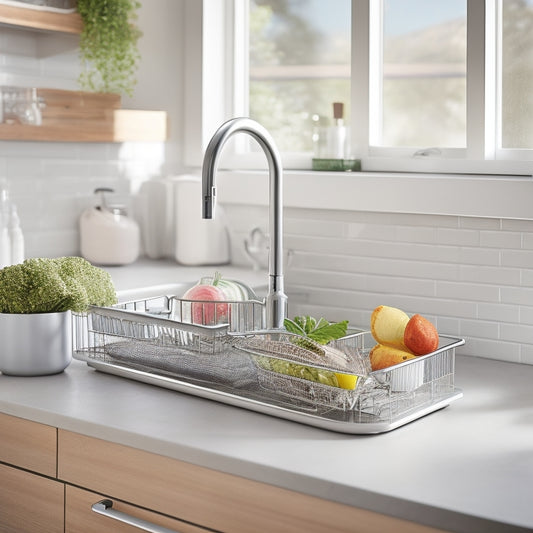 A sleek, modern dish drainer perched above a compact sink, featuring a stylish sink caddy. Showcase vibrant dishes drying, with fresh herbs nearby, in a bright, airy kitchen setting. Soft natural light filters through.