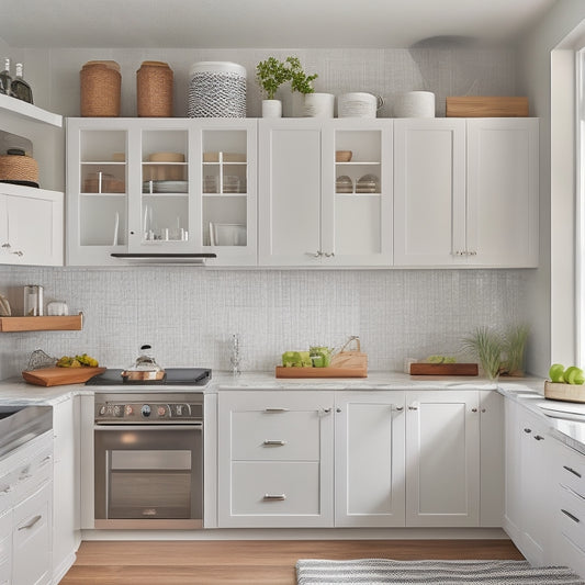 A bright, modern kitchen with light gray cabinets, white countertops, and warm wood flooring, featuring a pull-out pantry organizer, a lazy Susan corner shelf, and a wall-mounted pegboard with hanging utensils.