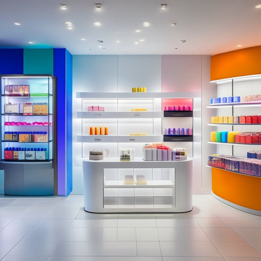 A modern, minimalist storefront interior with sleek shelves and a large, curved digital screen displaying a grid of colorful product icons, surrounded by subtle neon accents.
