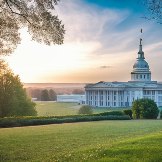 A serene bluegrass landscape with the Kentucky state capitol building in the distance, surrounded by subtle hints of healthcare symbols, such as a stethoscope and a family silhouette.