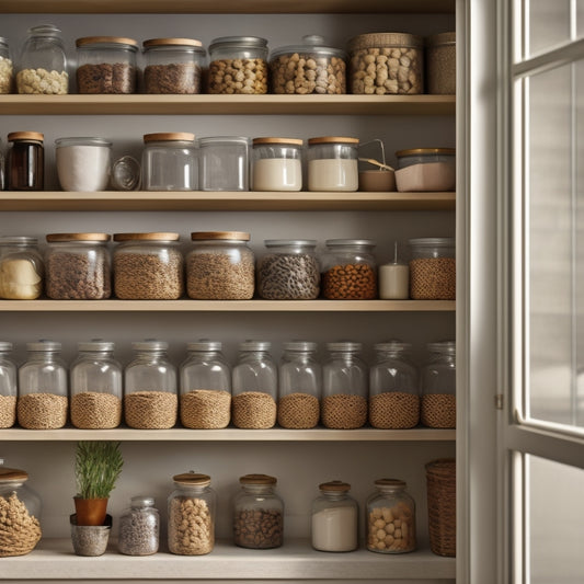 A tidy pantry with neat rows of glass jars, baskets, and canisters, labeled with small wooden tags, set against a light-gray background with warm, soft lighting.