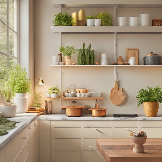A stylish, modern kitchen showcasing sleek, high-quality foldable shelves. Bright, natural light beams in, illuminating neatly organized cookware and plants. The background features minimalistic decor, enhancing the sense of space in a cozy apartment.