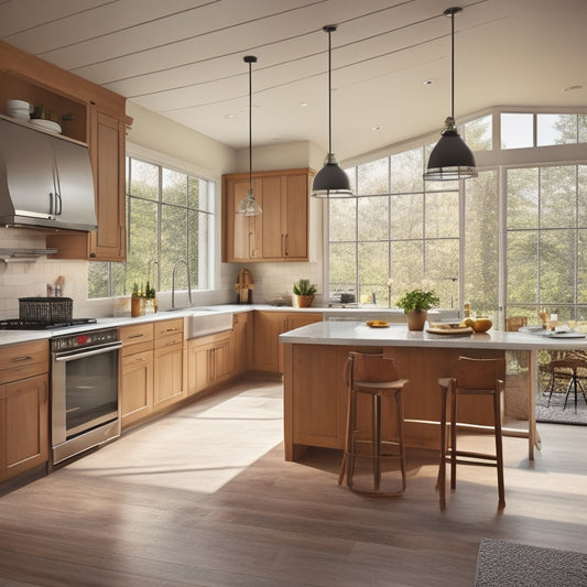 An open-plan kitchen with varied countertop heights, a wheelchair-accessible sink, and a cooktop with adjustable flames, surrounded by minimalist cabinets and natural light pouring in through large windows.
