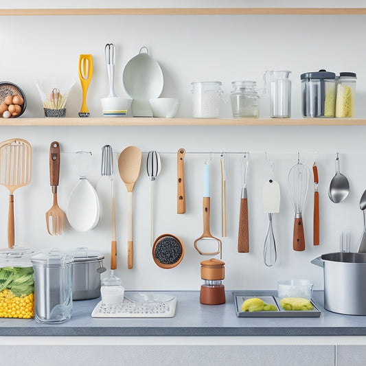 A tidy, modern kitchen countertop with 10 different utensil organizers in various shapes, sizes, and materials, each filled with neatly arranged kitchen tools and gadgets, against a clean white background.