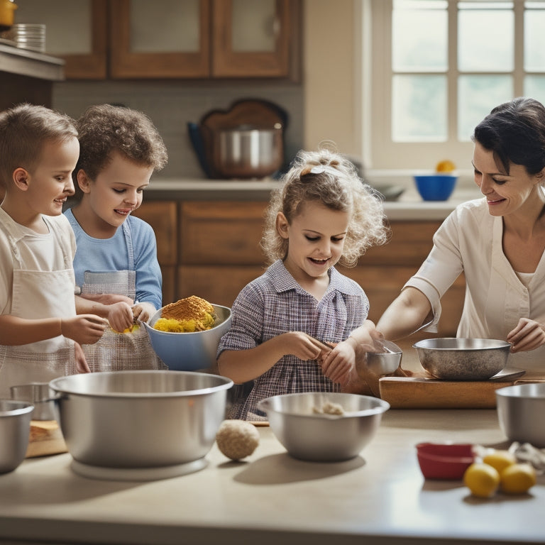 A warm and organized kitchen scene: a smiling mother and two children, ages 6 and 8, wearing matching aprons, gathered around a flour-dusted island, surrounded by utensils and mixing bowls.