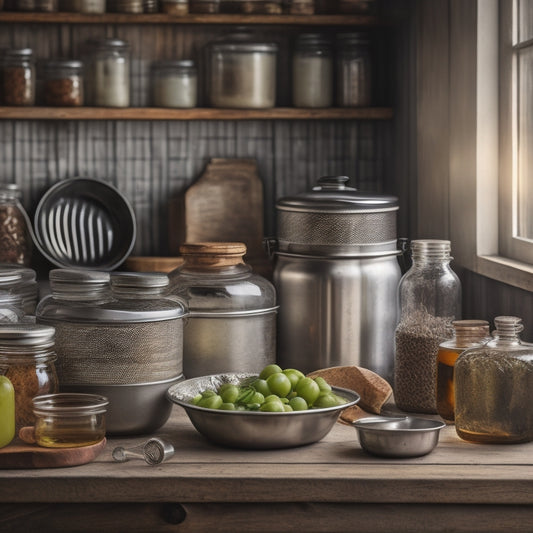 A still life composition featuring a vintage-inspired canning station: a worn wooden table holds a stainless steel canner, surrounded by glass jars, lids, and utensils, with a blurred background of rustic kitchen shelves.