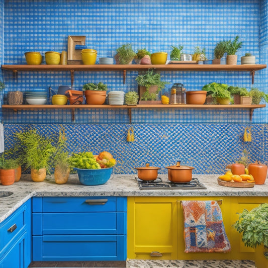 A stylish kitchen featuring wall racks filled with colorful pots, hanging utensils, and neatly organized spices, against a backdrop of bright tiles and a sunlit countertop, creating an inviting, clutter-free cooking space.