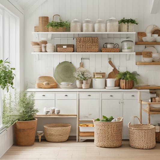 A bright, organized kitchen with white cabinets, a few open shelves, and a mix of baskets, bins, and canisters in natural materials like wicker and wood, with a few potted plants.