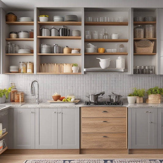 A bright, modern kitchen with sleek countertops and wooden cabinets, featuring 10 clever storage solutions, including a utensil organizer, spice rack, and pull-out pantry shelves, all neatly arranged and visually appealing.