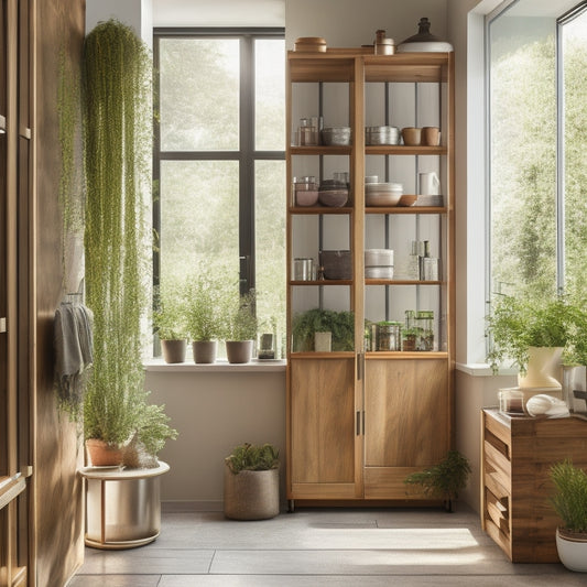 A modern kitchen featuring a sleek freestanding pantry unit made from reclaimed wood, adorned with stainless steel accents. Surrounded by potted herbs and bamboo storage containers, soft natural light filters through a nearby window.