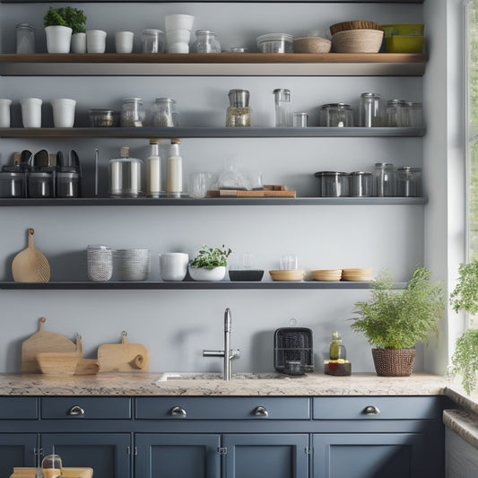 A modern kitchen featuring vertical storage solutions: sleek shelves filled with jars, hanging pots, a pegboard with utensils, and a magnetic strip for knives, all creating a tidy, organized, and airy atmosphere.