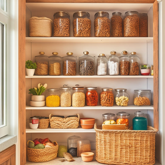 A cozy kitchen pantry with neatly organized shelves, featuring glass jars filled with grains, labeled baskets for snacks, a tiered spice rack, and a chalkboard for notes, all bathed in warm, natural light.