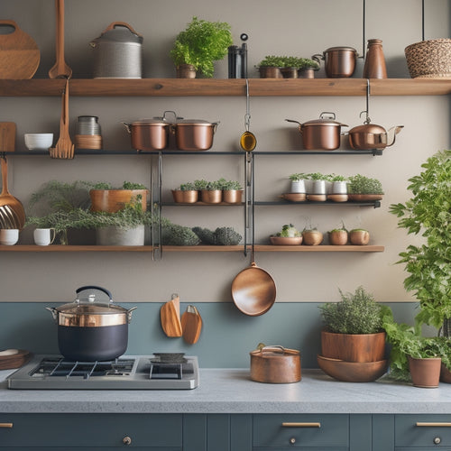 A stylish kitchen featuring a sleek, wall-mounted pot rack, adorned with various pots and pans, herbs hanging in small pots, and organized utensils, highlighting efficient storage and modern design in warm, inviting lighting.