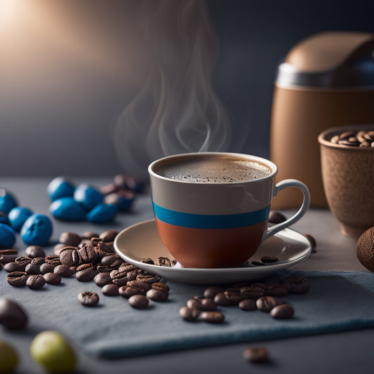 A steaming hot cup of coffee sits atop a reusable cup with a vibrant, ombre-effect design, surrounded by scattered coffee beans and a few crumpled newspapers in the background.